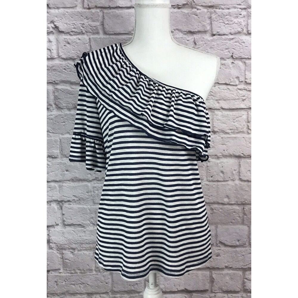 Ro & De Navy Blue & White Stripe One Shoulder Ruffle Knit Top Size Medium NWT - Picture 3 of 8